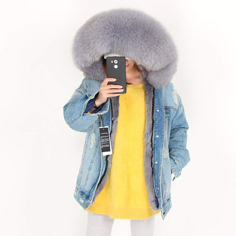 Maomaokong-chaqueta vaquera con forro de piel de conejo para mujer, abrigo con Cuello de piel de zorro, ropa de calle a la moda para invierno, novedad de 2023