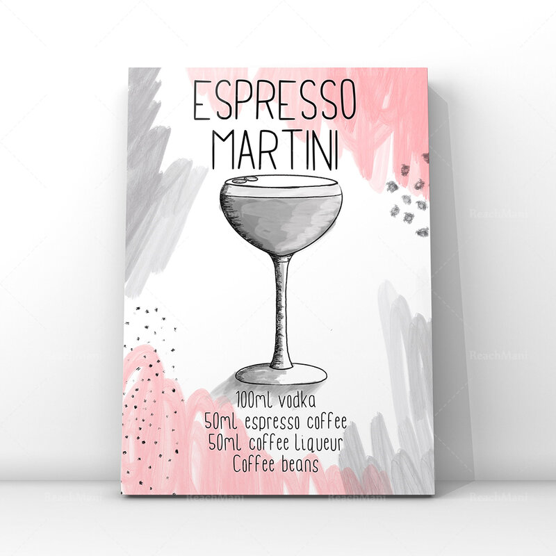 Affiche de guide de cocktail, Mojito, Martini, Expresso Hugo Recette clics, Recette de cocktail, Lady BodiMenu Cadeau d'amant de vin