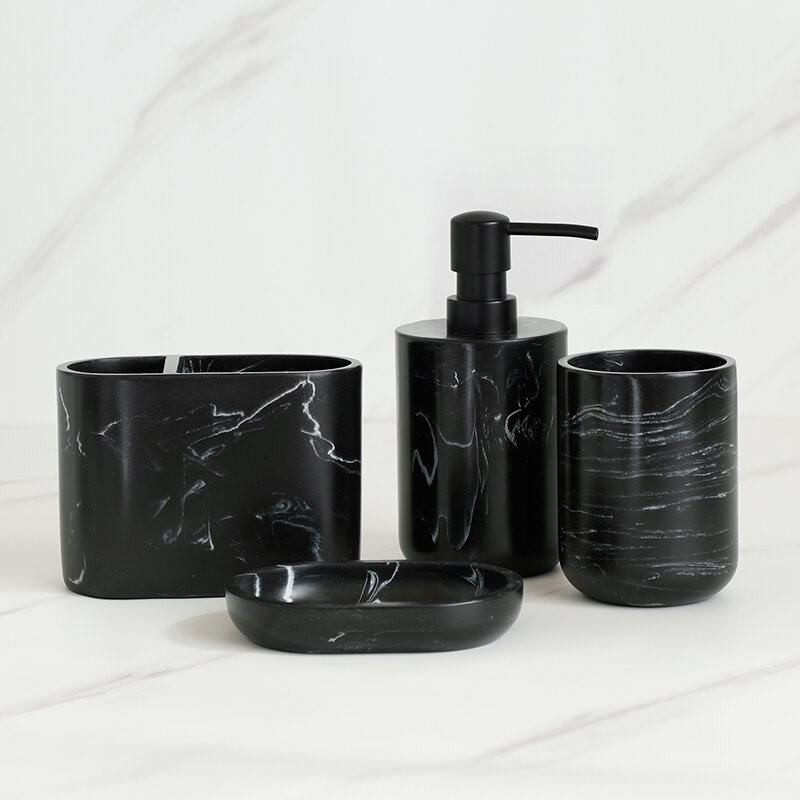 블랙 욕실 액세서리 수지 칫솔 홀더, 화장실 브러시 비누 디스펜서 펌프 병 비누 접시 구강 세척제 컵