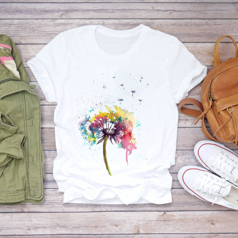 T-shirty damskie dmuchawiec drukowanie roślin moda z krótkim rękawem 90s damskie graficzne T Top panie drukuj koszula damska odzież damska