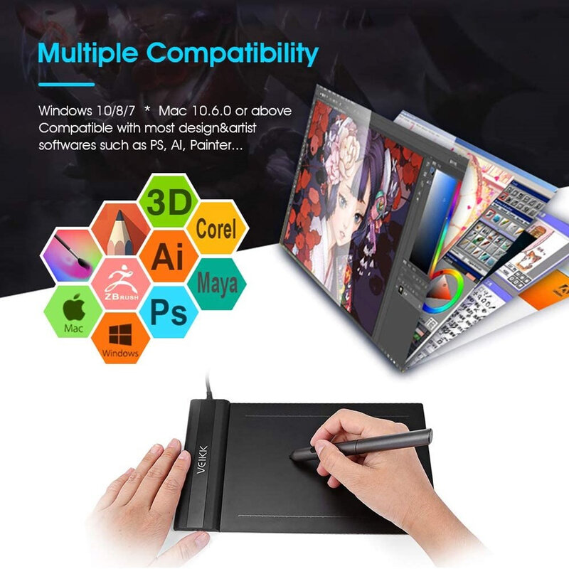 Drawing Tablet VEIKK S640 Graphic Drawing Tablet Ultra-Thin 6x4 Inch Pen Tablet with 8192 Levels Battery-Free Passive Pen