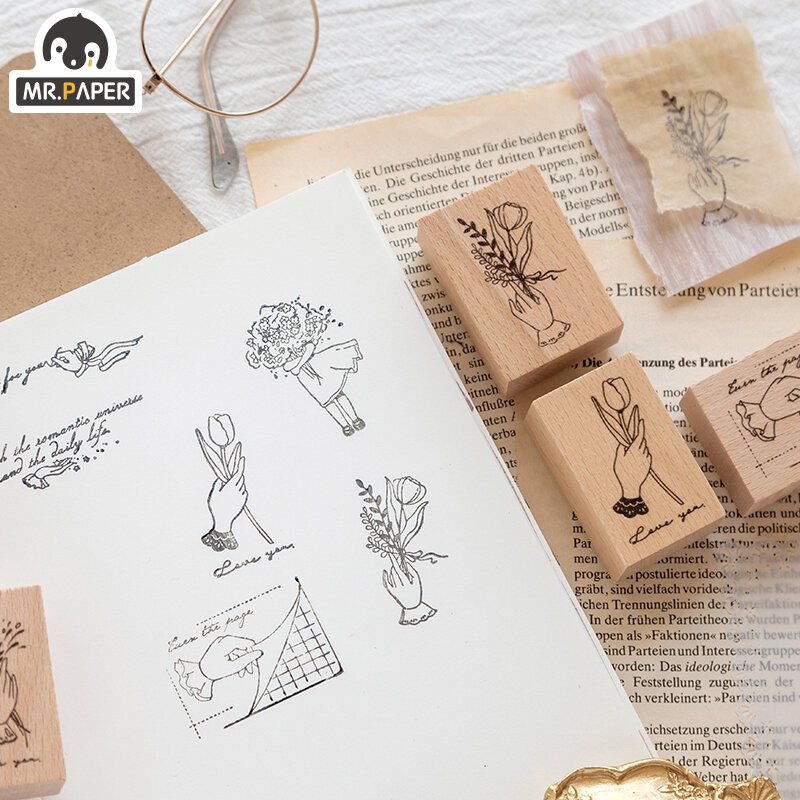 Mr.Paper, sellos de goma madera para chicas con 8 diseños de crecimiento de plantas para decoración de colección de álbumes de recortes, sellos de madera artesanales DIY de tamaño pequeño