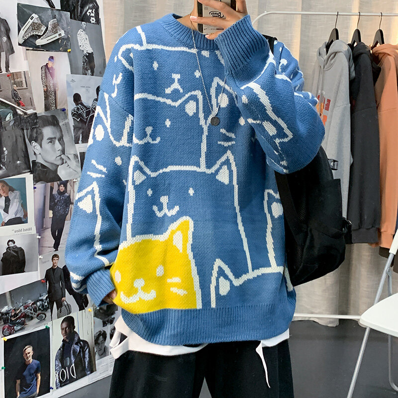 Pullovers Men Loose Cartoon Pattern Casual Student Knitted Fashion Korean All-match Streetwear Warm Clothes Vintage Harajuku Ins