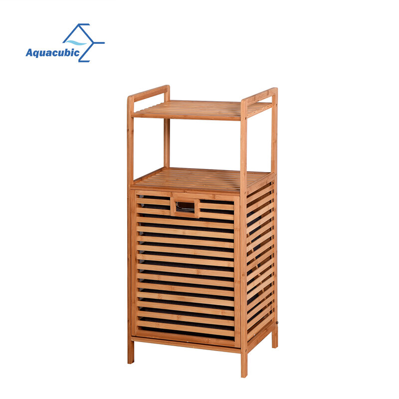 Bathroom Laundry Basket Bamboo Storage Basket With 2-Tier Shelf 17.32 X 13 X 37.8 Inch