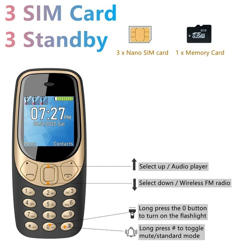 SERVO-Mobile Phone 3 Cartão SIM, Standby Auto Call Recorder, Bluetooth Dial, Speed Dial, Voz mágica, Lanterna FM Rádio