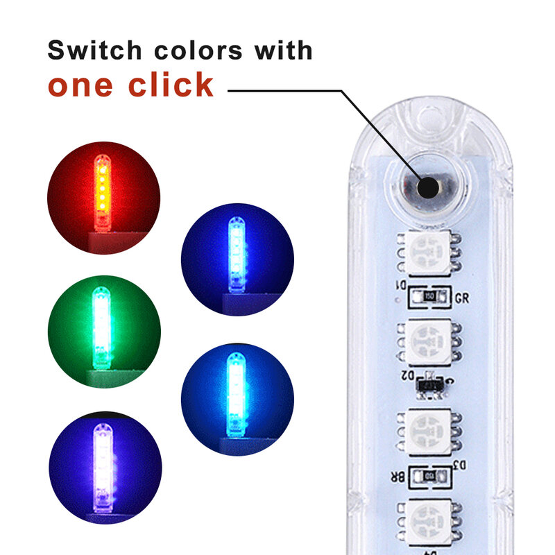 DC5V LED USB Mini Night ไฟ 8LEDs หลอดไฟบรรยากาศที่มีสีสัน Key Switch 7 สีปรับแสงตกแต่ง Power bank