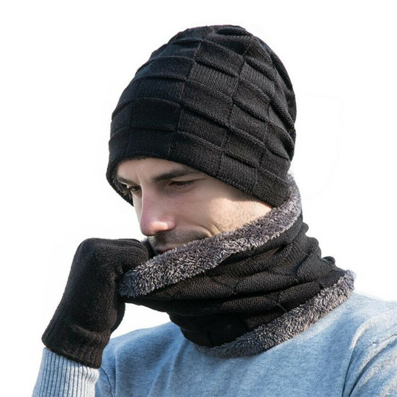 Gants d'hiver pour hommes, ensemble 3 pièces, écharpe, bonnet en peluche tricoté chaud pour l'extérieur, gants pour écran tactile, accessoires masculins, 2019