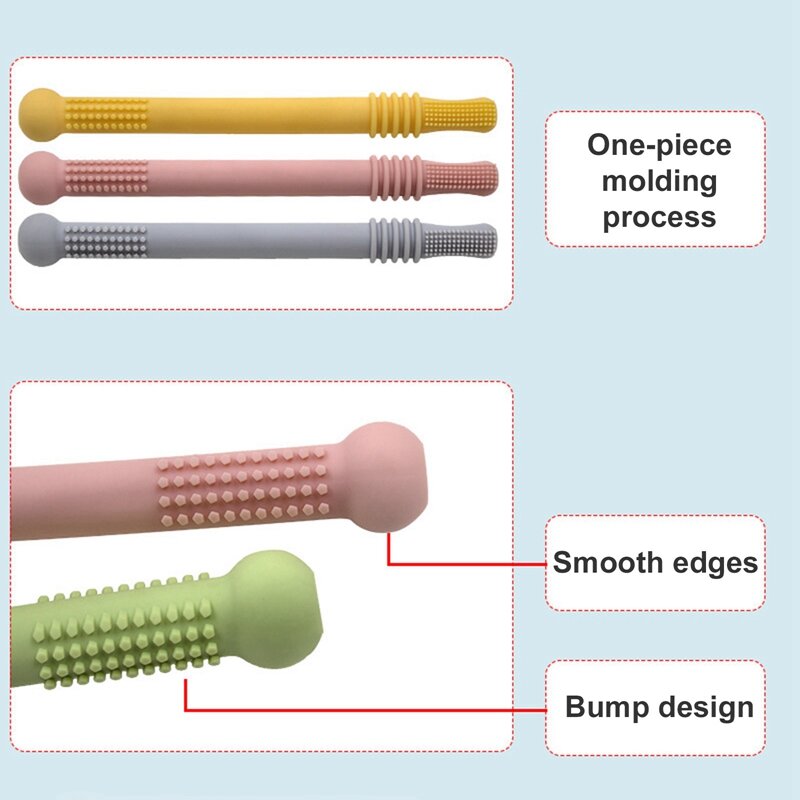 Mainan Teether Tabung Panjang Bayi Aman Tumbuh Gigi Tongkat Makanan Kelas Silikon Mainan Gigit Mengunyah Lembut Kenyal Batang Tabung Molar