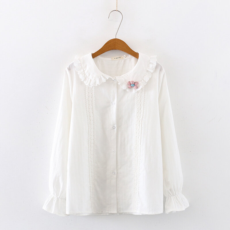 한국 스타일 학생 상의 및 블라우스, 로리타 피터 팬 칼라 버튼 레이스 블라우스, 십대 소녀 꽃무늬 긴 소매 흰색 셔츠