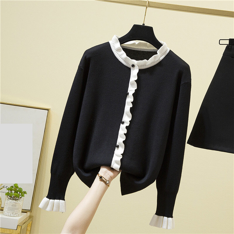 Suéter de manga larga para Mujer, Jersey holgado de punto negro, ropa elástica con botones, otoño e invierno, 2022