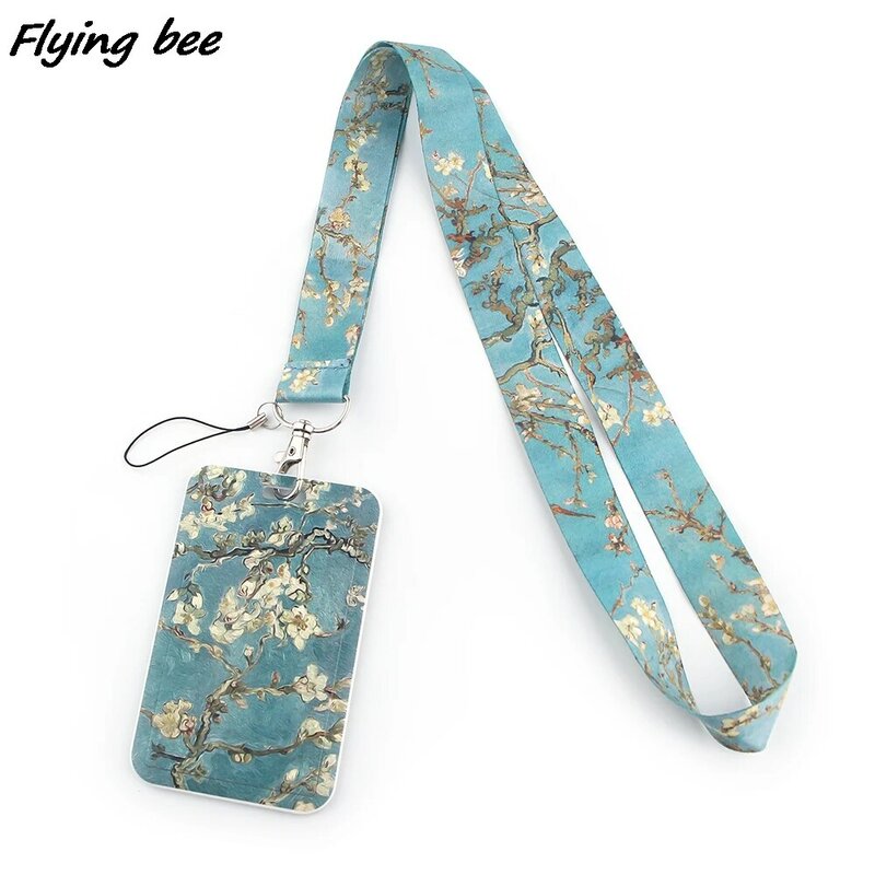 Flyingbee-Flower Painting Art Chaveiro, Lanyard Card Holder, ID Card Holder, Staff Card, X1293, Bonito
