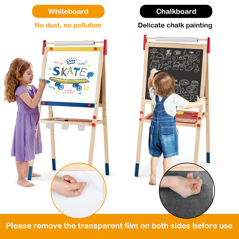 Chevalet d'art en bois pour enfants, hauteur réglable avec rouleau de papier et accessoire