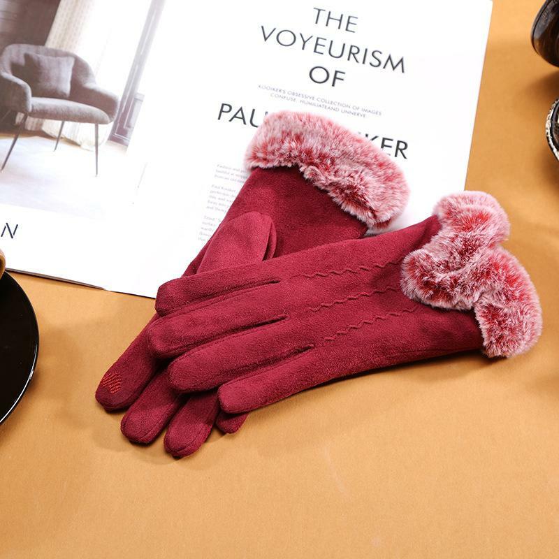 New Fashion U-Shaped Fur Mouth Five-Finger Gloves Ladies Autumn and Winter Warm Gloves Outdoor Riding Warm Gloves