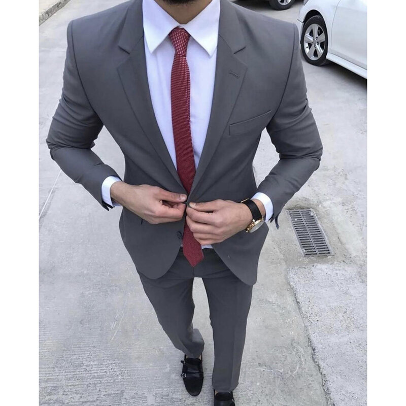 Esmoquin gris para hombre, traje ajustado de dos piezas con solapa de muesca para playa, traje Formal para fiesta de graduación, chaqueta y pantalones