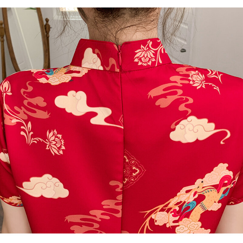 Женское летнее платье-Ципао, красное ТРАПЕЦИЕВИДНОЕ ПЛАТЬЕ в уличном стиле, традиционная китайская одежда, лето 2022