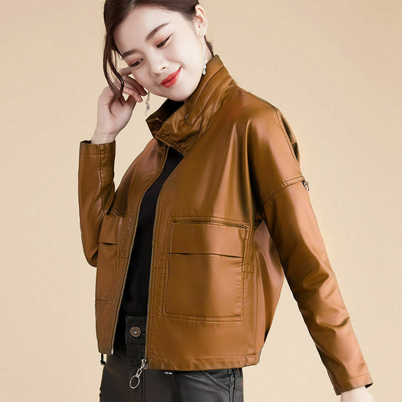 女性の春と秋の羊革のジャケット新ショート韓国ルースプラスサイズ秋の革のファッションジャケットフェイクシープスキン