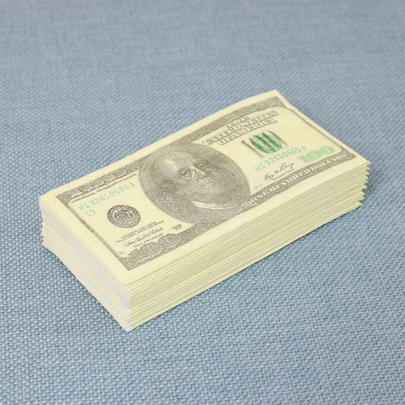 Guardanapo de papel estampado para festa, 9 folhas/pacote 100 dólares, toalha de conta, presente para jantar, restaurante