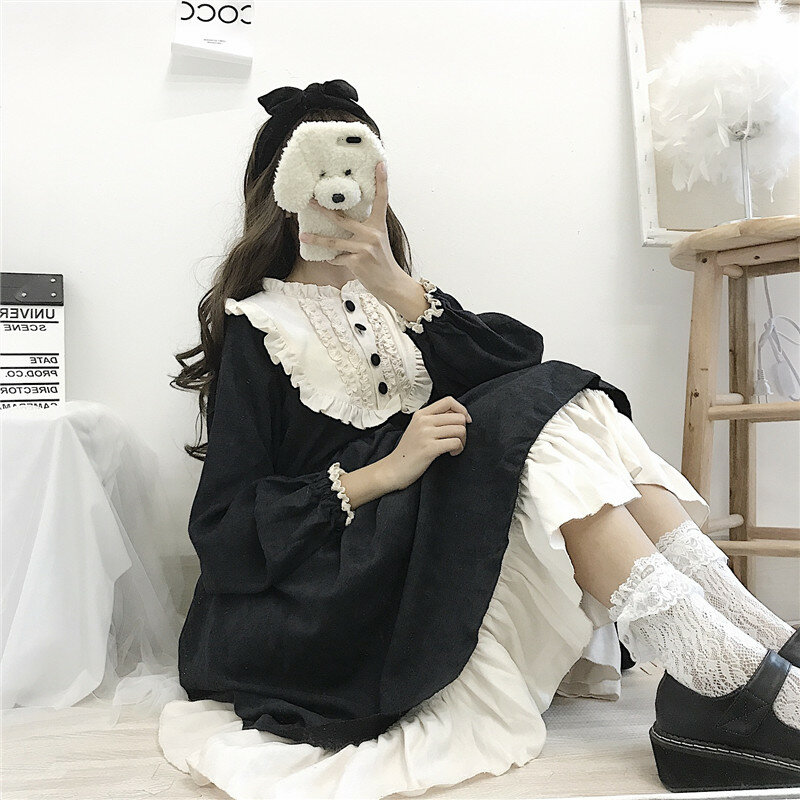 2020 Nhật Bản Lolita Phong Cách Thu Đông Nữ Xù Lông Cổ Đen Gothic Dễ Thương Kawaii Xù Cosplay Váy