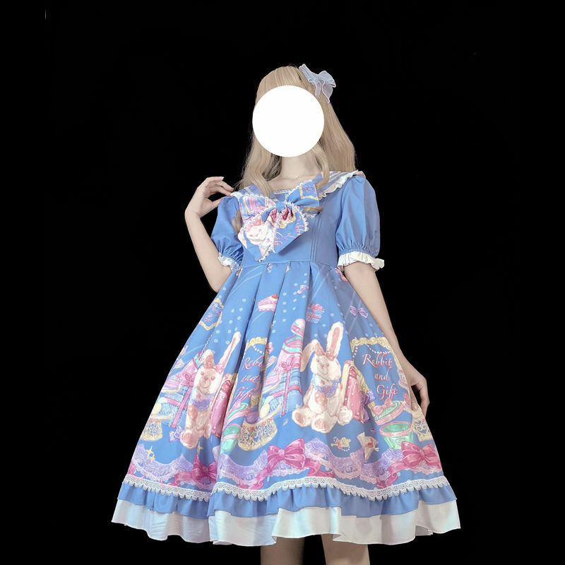 Kawaii wiktoriańska w stylu Vintage Lolita OP sukienka damska kreskówka z krótkim rękawem sukienki dla dziewcząt Kawaii codzienna impreza księżniczka Vestidos