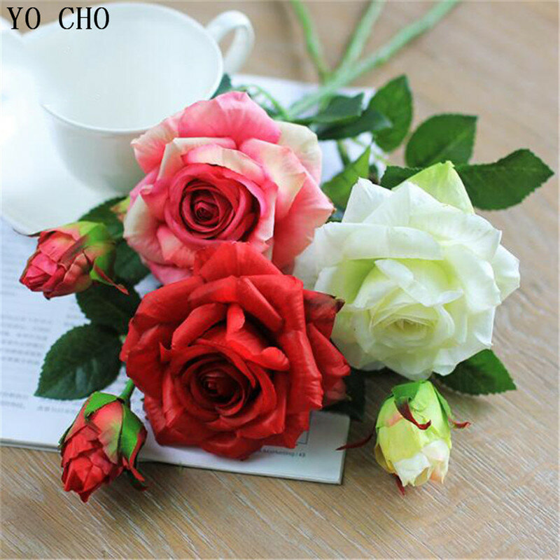 YO CHO-ramo de flores de seda rosa para boda, flores artificiales de látex para decoración de damas de honor, bricolaje