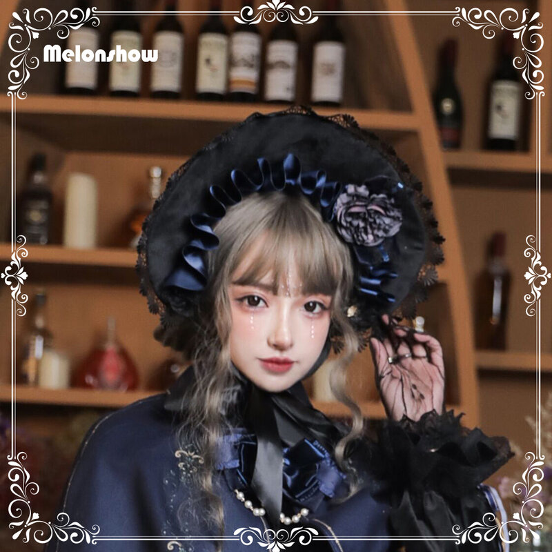 Melonshow Gothic Style Lolita Bonnet Tea Party Lolita Accessories Victorian Hat Women Headgear Vintage Lace Headhands Flowers