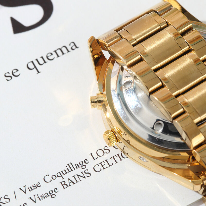 Francuski rozmowa zegarek z funkcja alarmu, rozmowa data i czas, biała tarcza, składane zapięcie, złota koperta TAG-404