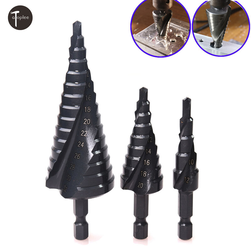 Brocas cone 4-12/20/32mm hss, haste hexagonal revestida em madeira/metal, broca cortadora de buraco em espiral, perfuração de passo com ranhura