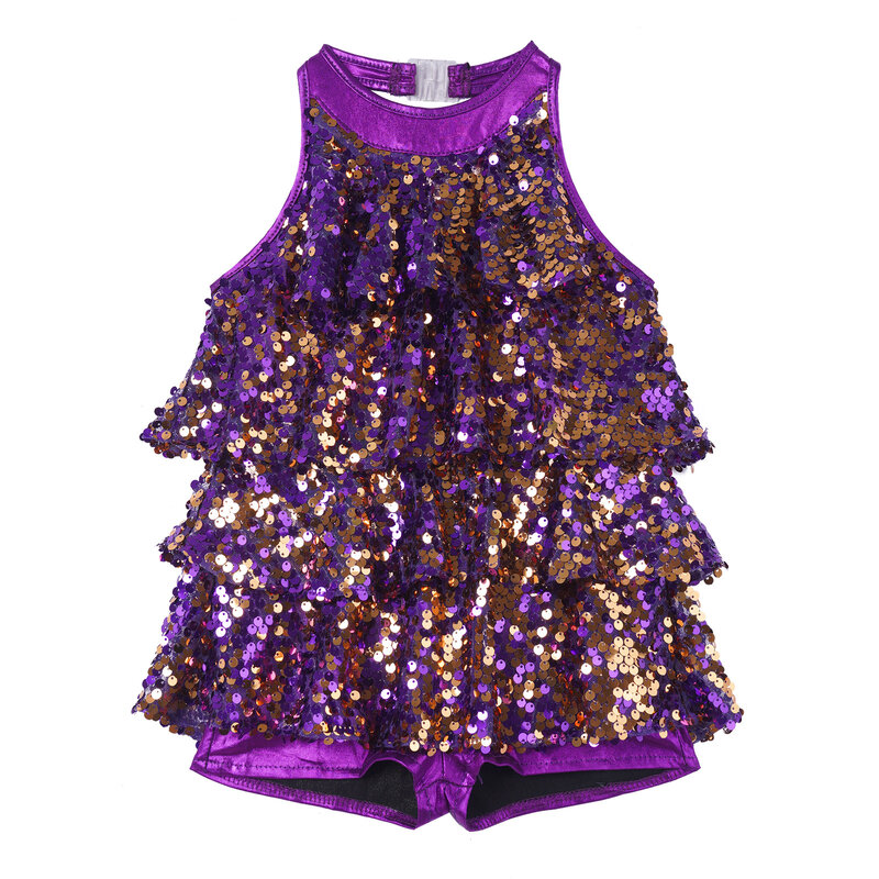 Dzieci dziewczyny balet nowoczesny Jazz Latin kostium taneczny Halter błyszczące cekiny Shorty Unitard sukienka odzież sceniczna Dancewear