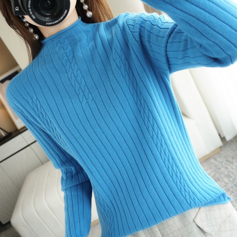 Suéter de cuello alto Medio para mujer, Jersey de punto trenzado, versión coreana, camisa Base delgada suelta a la moda, Otoño/Invierno, 2021