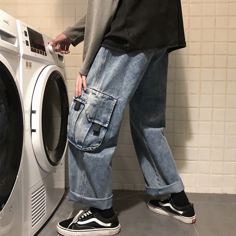 Iccluk Jeans męskie proste luźne spodnie męskie spodnie szerokie nogawki Cargo męskie odzież uliczna obcisłe dżinsy rurki jeansy w stylu Distressed