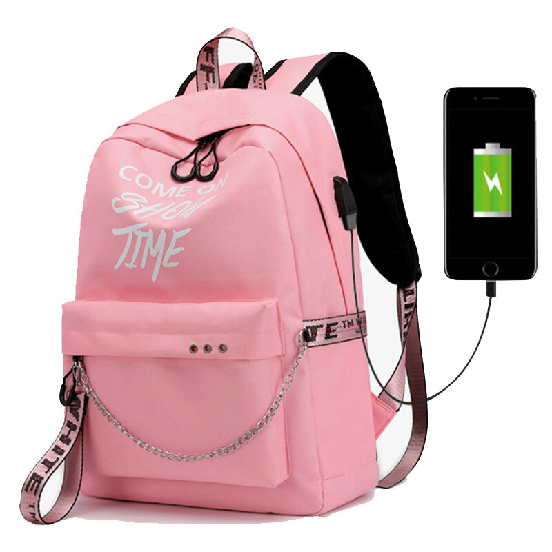 Nowy USB ładowania Luminous Chain Nylon kobiet torba na książki plecak tornister tornister plecak podróżny kobiety dla nastoletnich nastolatków dziewczyna
