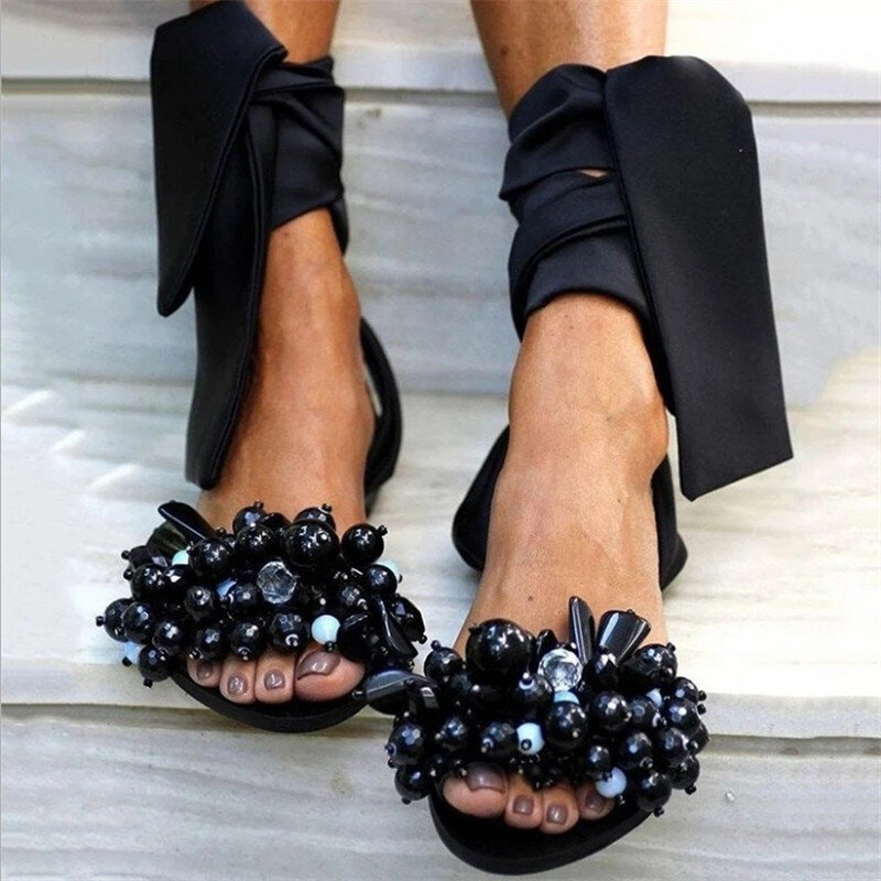 Lizeruee 2020 Neue Frauen Flache Sandalen Ankle Strap Perlen Spezielle Frauen Schuhe Casual Komfort Strand Sandalen Mode Große Größe 43