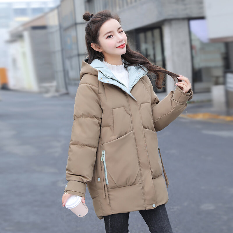 Chaqueta acolchada de longitud media para mujer, abrigo con capucha de Color sólido, holgado, coreano, invierno, novedad de 2021