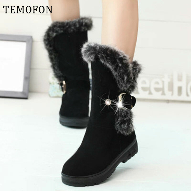 Winter Woman Ankle Boots Fur Warm Winter Casual Shoes Woman Flats Snow Boots Suede Platform Bukle Boots 36-41 Botas Mujer HDT630