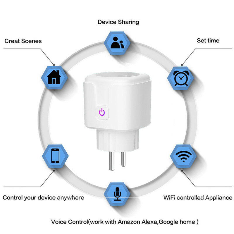 Enchufe inalámbrico inteligente con WiFi, adaptador de UE, EE. UU., Reino Unido, Control remoto por voz, Monitor de energía, toma de corriente con temporizador para Alexa y Google Home