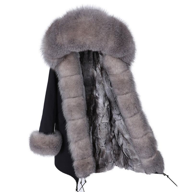 Mantel Wanita Maomaokong Mantel Panjang Kerah Bulu Rubah Rakun Alami Musim Dingin Jaket Parka Lapisan Bulu Kelinci Asli
