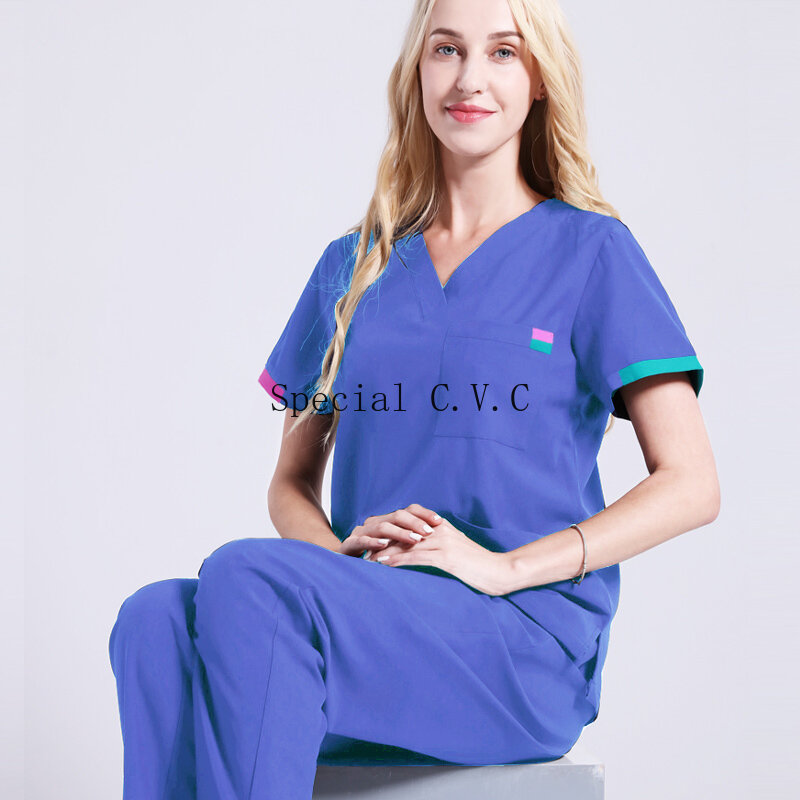 Reine Baumwolle Peeling Top V Hals Kurzarm Medizinische Uniformen Frauen Farbe Blocking Chirurgische Hemd Plug Größe Medizinische Peelings (eine Top)