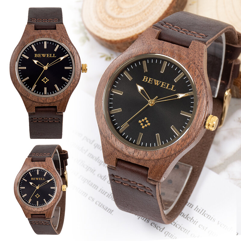 BEWELL Retro mężczyźni kobiety drewniany zegarek z prawdziwej skóry zegarek kwarcowy z drewna