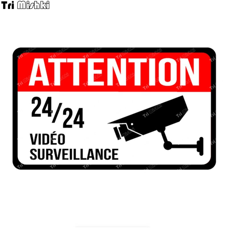 Tri Mishki WCS1028 Franse Voorzichtigheid 24-Uur Video Surveillance Auto Sticker Pvc Decals Accessoires Sticker Op Auto Body Truck