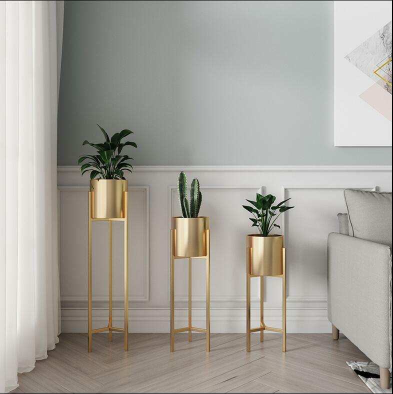 Nordic gold flower shelf indoor light luxury iron flower pot frame gold floor type home living room decoration shelf