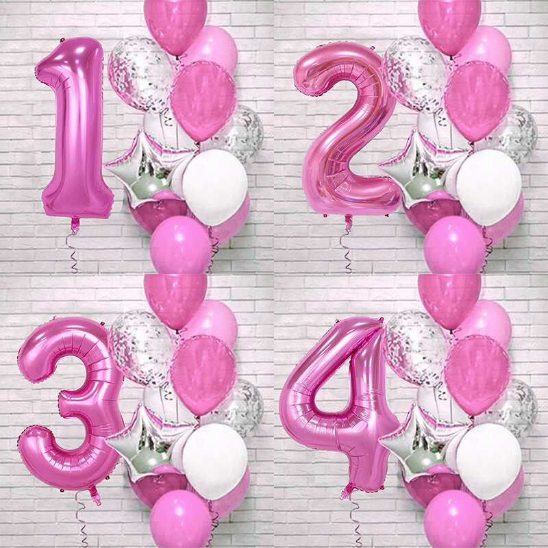 Globos de aluminio con números para decoración de fiesta de cumpleaños, globos de látex para niños y niñas de 1, 2, 3, 4, 5, 6, 7, 8 y 9 años, color rosa, 12 piezas