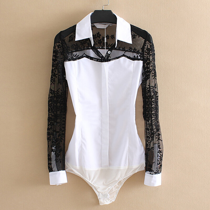 Office Ladies Fashion Lace Patch White Bodysuit Cotton Blouse Women Turn-down Collar Hollow Out Lace Long Sleeve Body Shirt