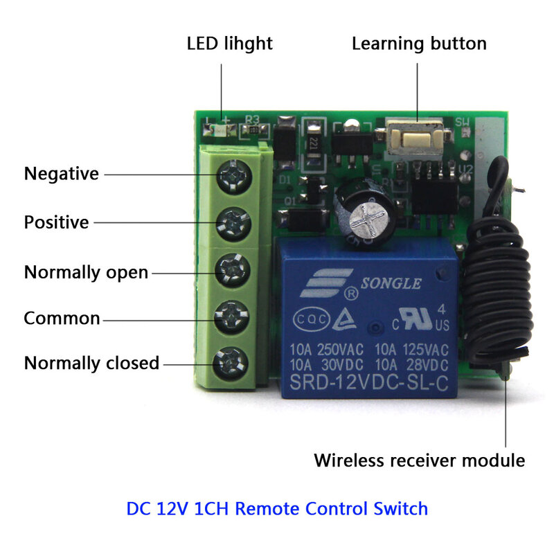 Transmisor de RF con interruptor de Control remoto inalámbrico, módulo receptor de relé, 433 Mhz, cc 12V, 1 canal