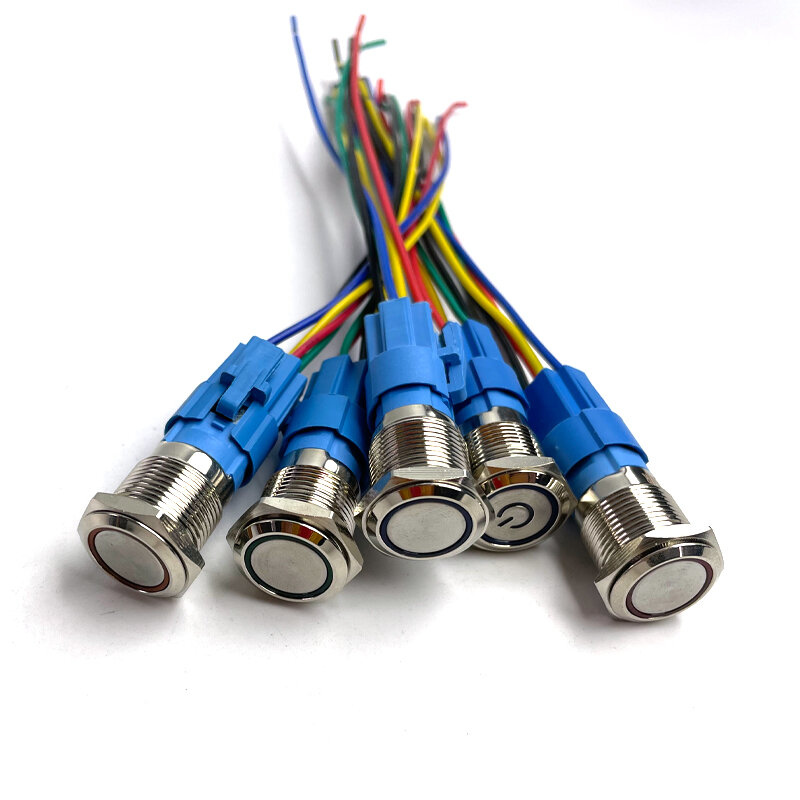 Metal Botão Interruptor Anel Lâmpada, Botões de Poder Símbolo, Luz LED à prova d'água, Auto-bloqueio, Auto-reset, Conector, 12V, 16mm, 5Pcs