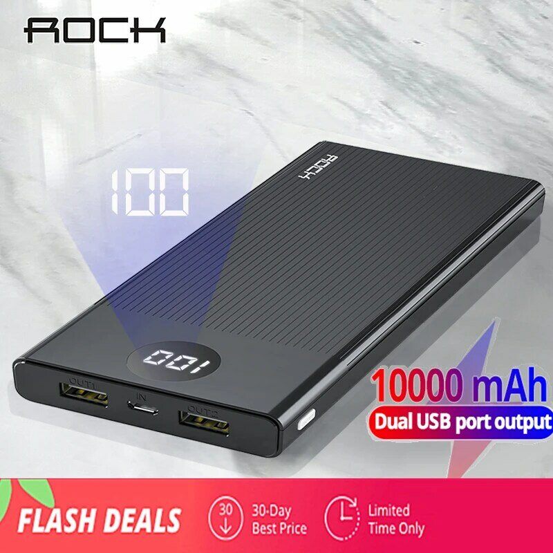 ROCK-Batería Externa de 10000 mAh para móvil, PowerBank de carga portátil con pantalla LED, cargador de batería externo USB de 10000 mAh para Xiaomi Mi 9 8, iPhone