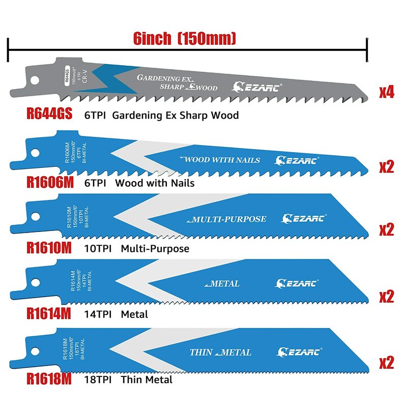 Ezboog 6 Inch 150 Mm Reciprozaagbladen Kits, 12 Stuks Bi-Metaal Sloop Sabelzaagblad Set Voor Metaal En Hout Snijden