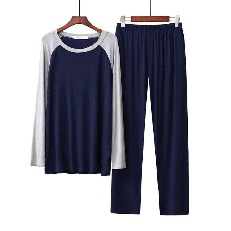 Piyama Musim Semi Lengan Panjang Modal Pria 2 Buah Pakaian Tidur Pakaian Tidur Patchwork Lingerie Intim Baju & Celana Pakaian Rumah Jubah Mandi
