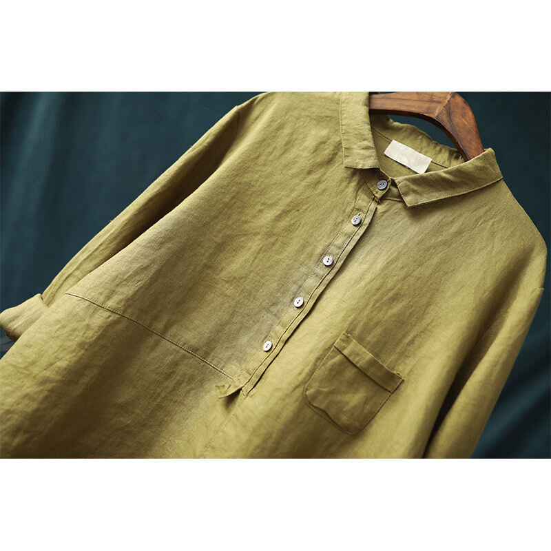 Camisa solta de manga comprida feminina, blusas de linho algodão, tops vintage, com tudo combinado, casual, primavera, outono, nova chegada, S604