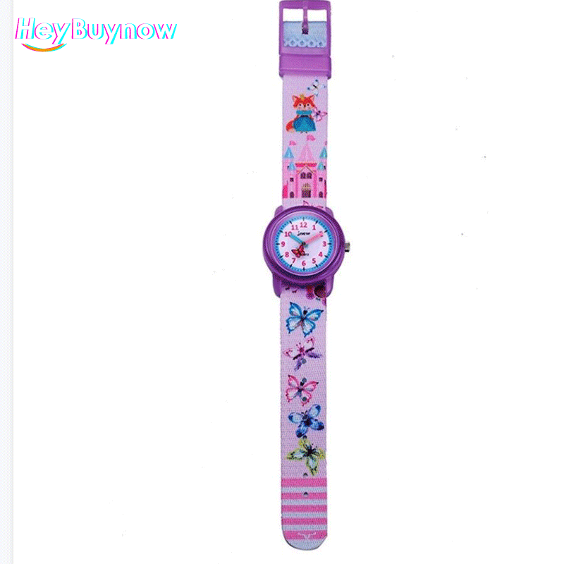 เด็กการ์ตูนนาฬิกากันน้ำเด็กรายชั่วโมงนาฬิกาควอตซ์แฟชั่นสีม่วงหญิงรักผีเสื้อ Dial กีฬานาฬิกาของขวัญ