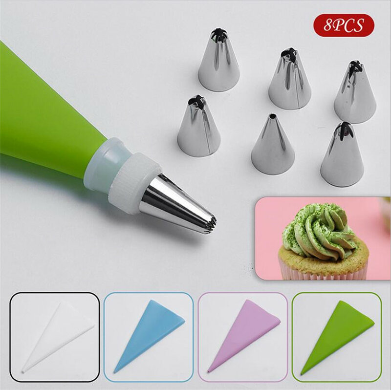 8pcs/set Silicone Pastry Bag Tips Icing Piping Nozzle Cream Reusable Pastry Bags +6Nozzle Fondant Molds Cake Decorating Tools